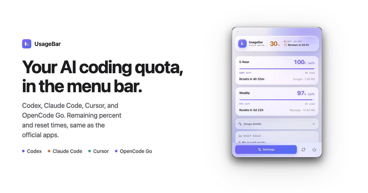 I built a macOS menu bar app that shows remaining Codex / Claude Code / Cursor / OpenCode / Devin qu logo