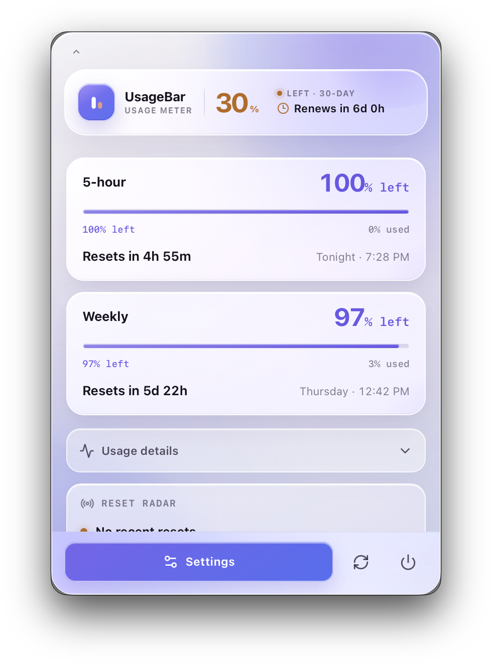 UsageBar popover showing Codex 5-hour and weekly quota windows