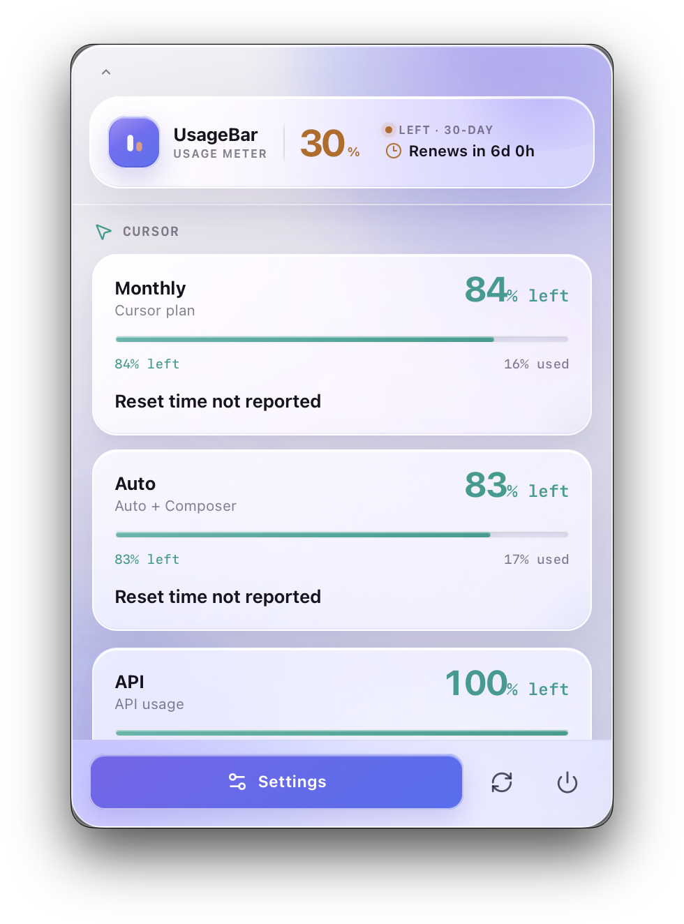 UsageBar popover showing Cursor monthly plan, Auto, and API meters