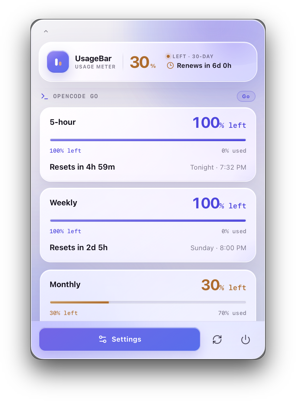 UsageBar popover showing OpenCode Go 5-hour, weekly, and monthly meters