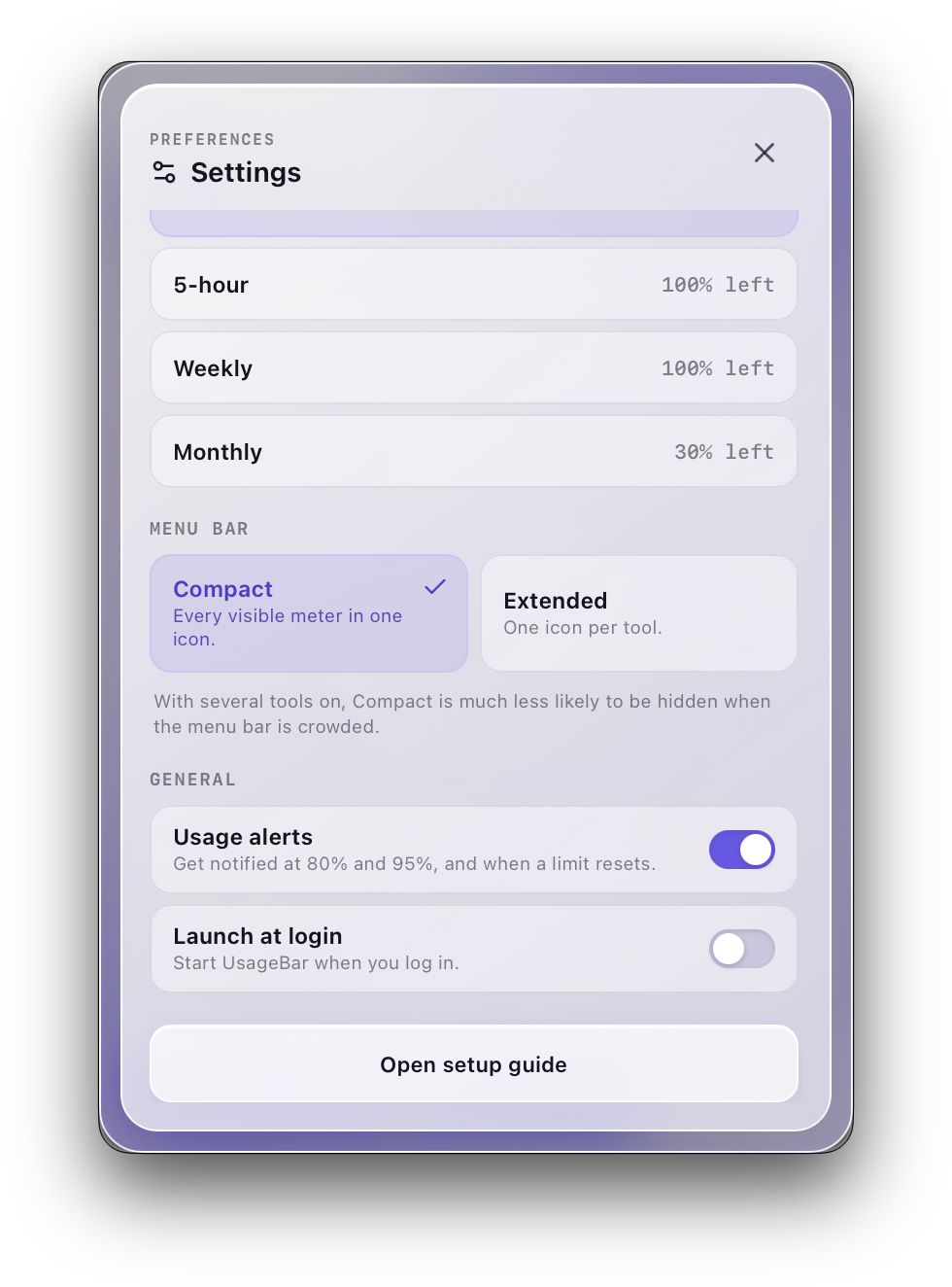 UsageBar settings sheet with compact and extended menu bar layout options