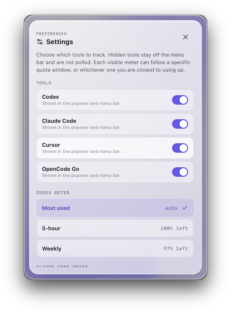 UsageBar settings sheet with toggles for Codex, Claude Code, Cursor, and OpenCode Go